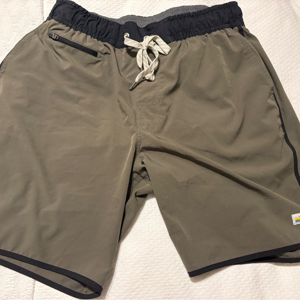 Vuori “Banks” Olive Green Swim Shorts with Black Trim